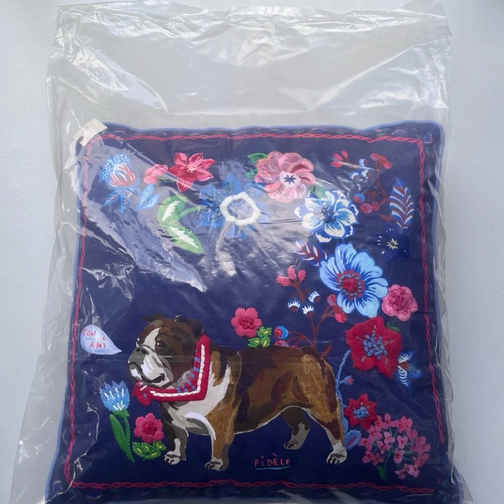 NWT Anthro Nathalie Lete Embroidered Bulldog Floral Whimsical Pillow 18x18